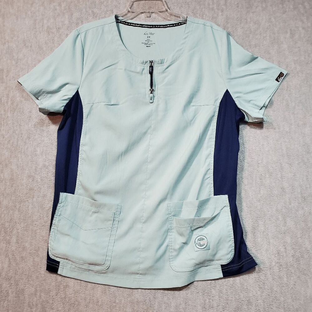 Kol Lite Top Womens 2X Green Scrub Serenity Slim Fit Logo Double Pockets 1/4 Zip